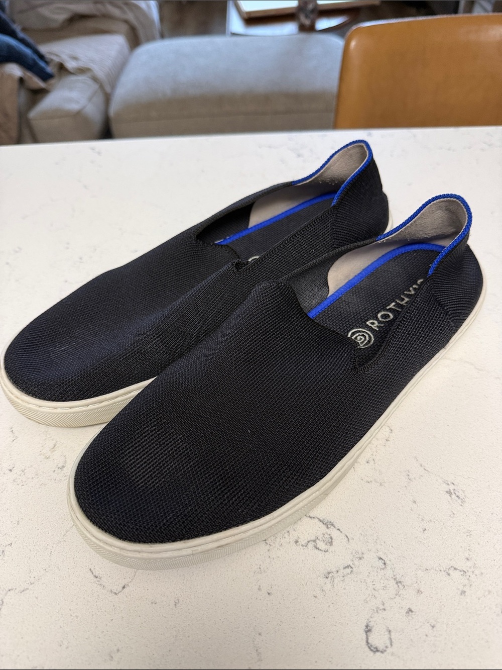 Rothy's Black Knit Slip-On Loafers with Blue Trim